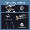 High quality materials of a cable with DAC chip, anti-jamming, and durable features on a blue background.
