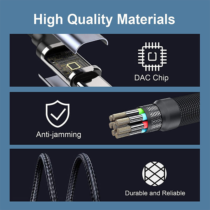 High quality materials of a cable with DAC chip, anti-jamming, and durable features on a blue background.