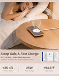 Promotional image featuring a woman sleeping peacefully next to a smartphone wirelessly charging on a bedside table. Text above reads 