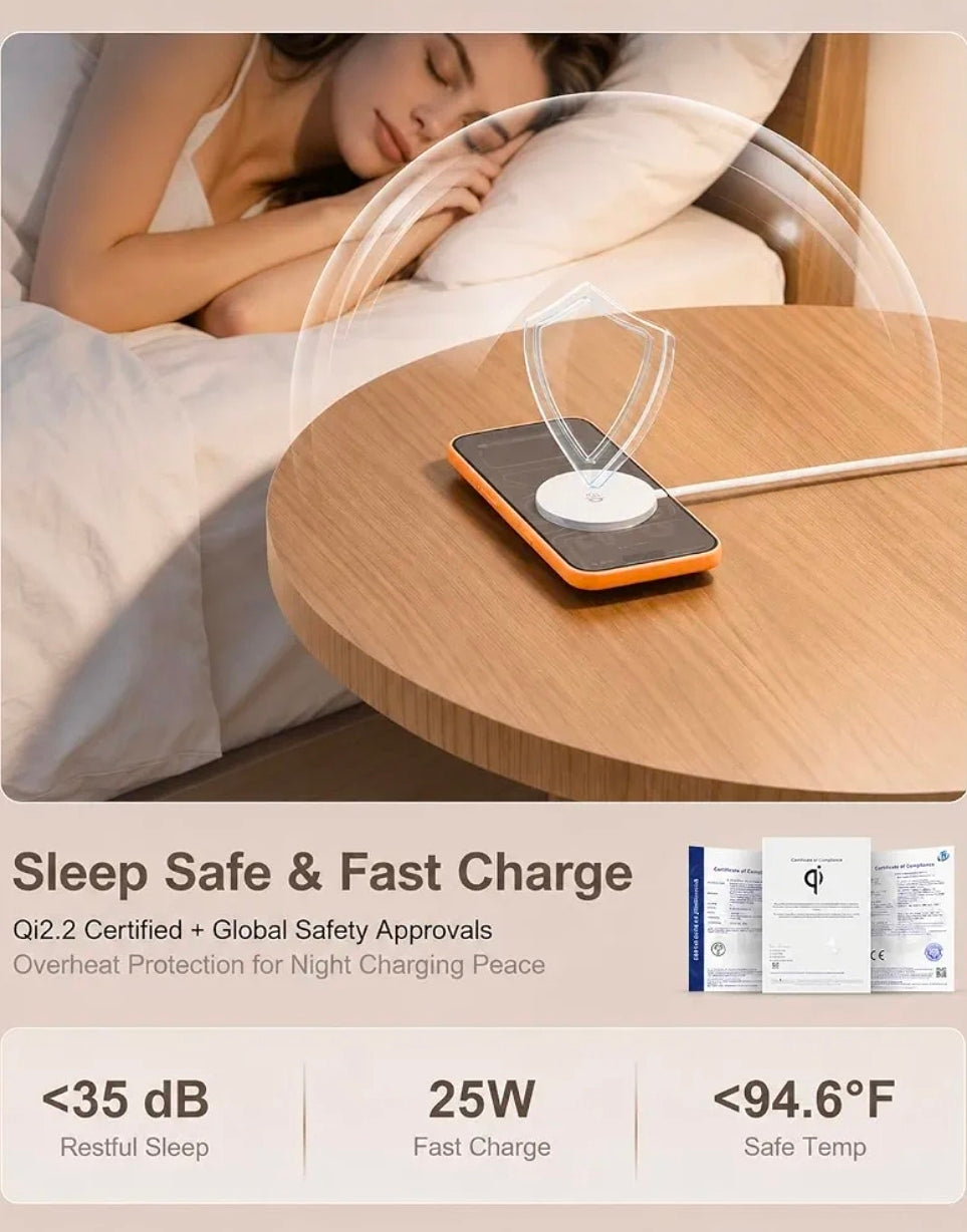 Promotional image featuring a woman sleeping peacefully next to a smartphone wirelessly charging on a bedside table. Text above reads "Sleep Safe & Fast Charge" with subtext highlighting "Qi2.2 Certified + Global Safety Approvals" and "Overheat Protection for Night Charging Peace" alongside compliance certificates. Bottom metrics display: "<35 dB / Restful Sleep", "25W / Fast Charge", and "<94.6°F / Safe Temp".  