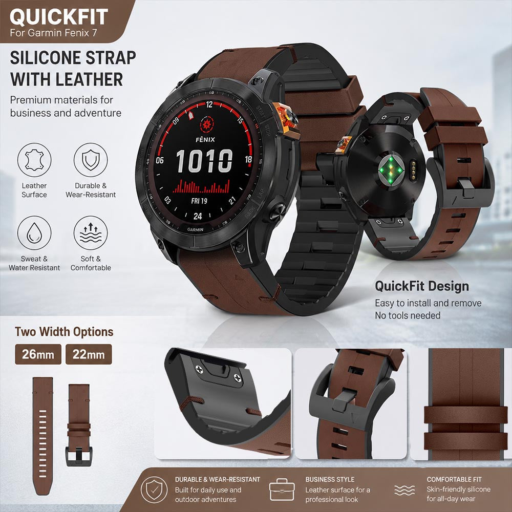 AXYON Garmin leather and silicone hybrid band with a pin buckle, QuickFit 22mm