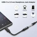 USB-C to 3.5 mm Headphone Jack Adapter with smartphone illustration and icon icons on a light gray background