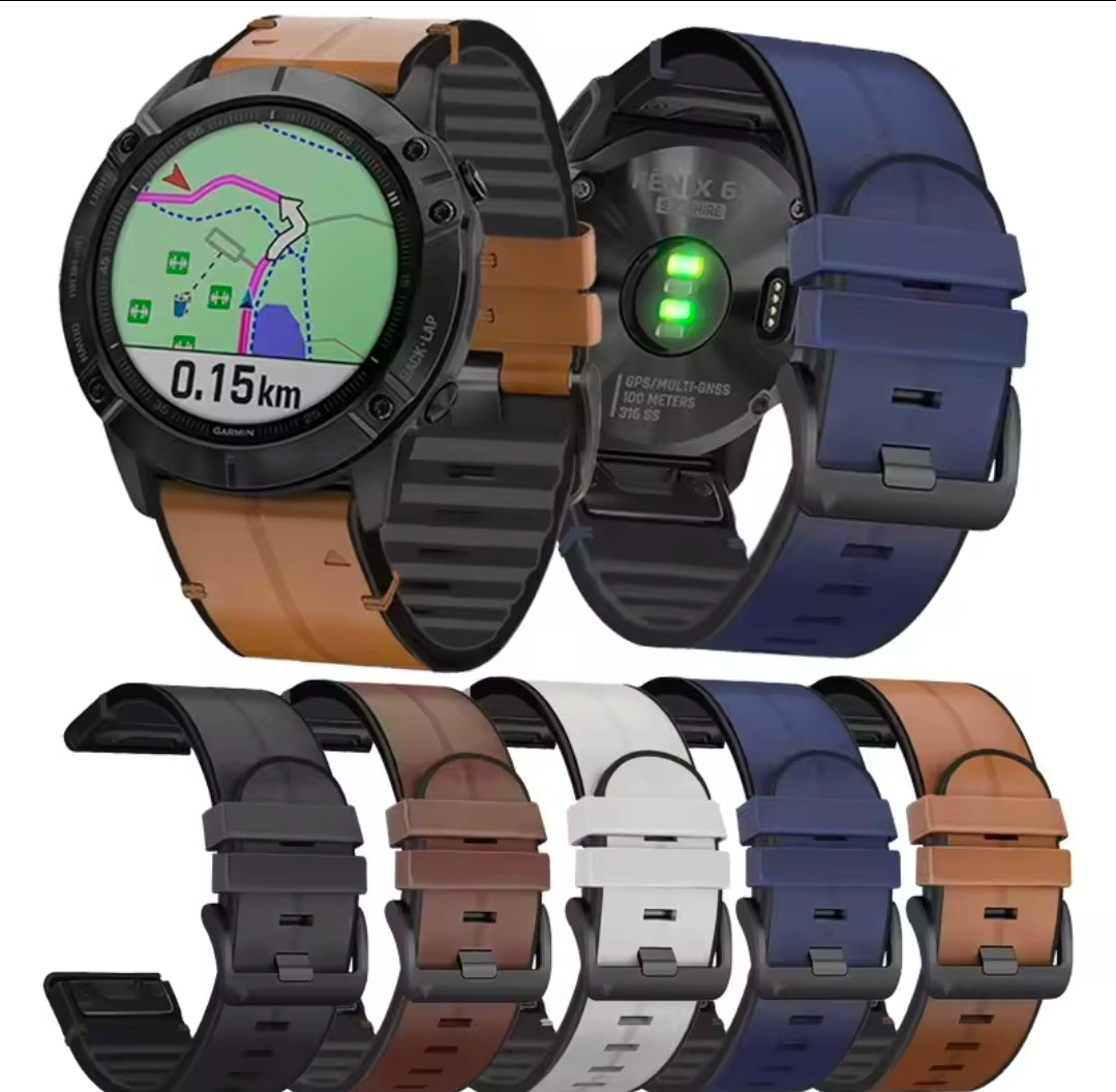 AXYON Garmin leather and silicone hybrid band with a pin buckle, QuickFit 22mm