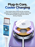 A promotional product graphic for a charging cable and wireless charging pad. The text reads 'Plug-In Core, Cooler Charging.