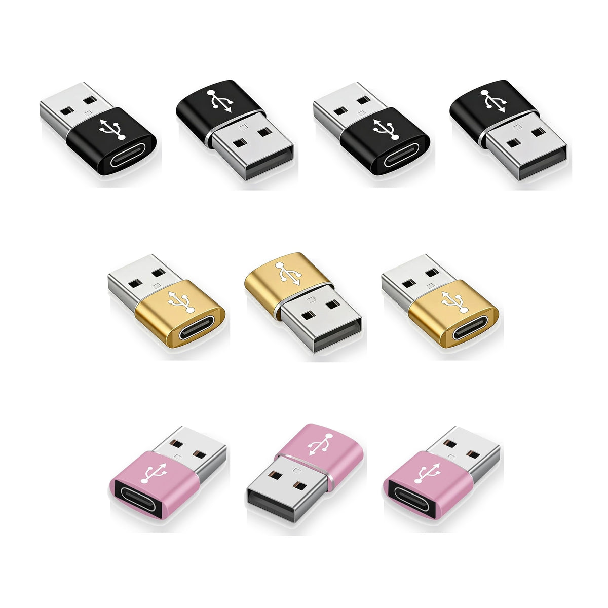 AXYON USB-A to USB-C adapter 10-pack: 4 Black, 3 Gold, 3 Rose Gold