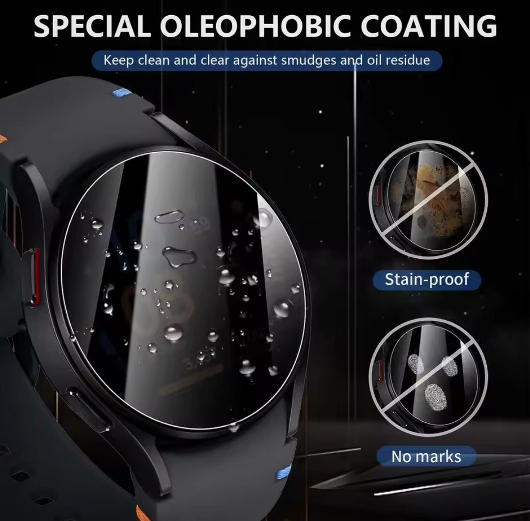 Smartwatch with a special oleophobic coating to keep clean and clear against smudges and oil residue.