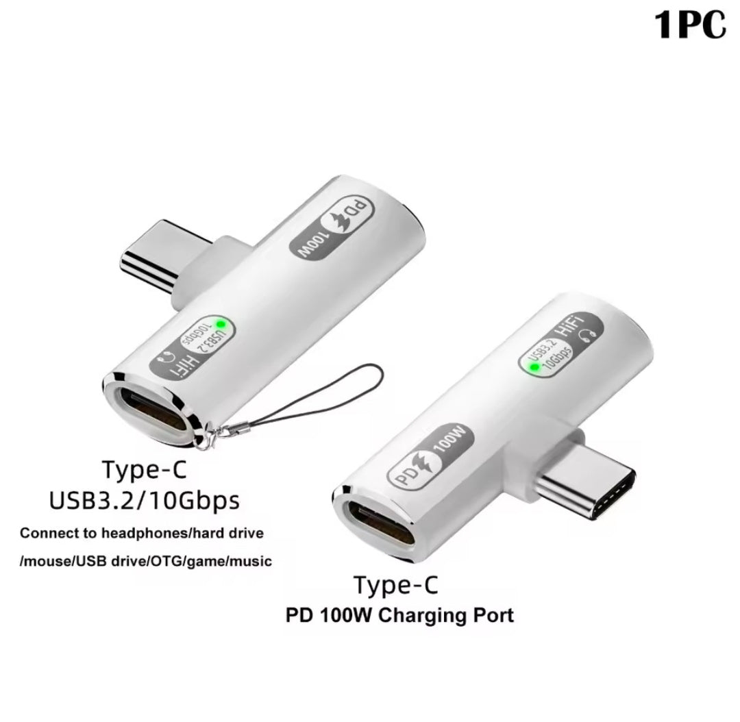 Two USB-C adapters on a white background with text detailing their features.