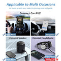 Product advertisement showing a car mount with connectivity options for music, navigation, speaker, and headphones.