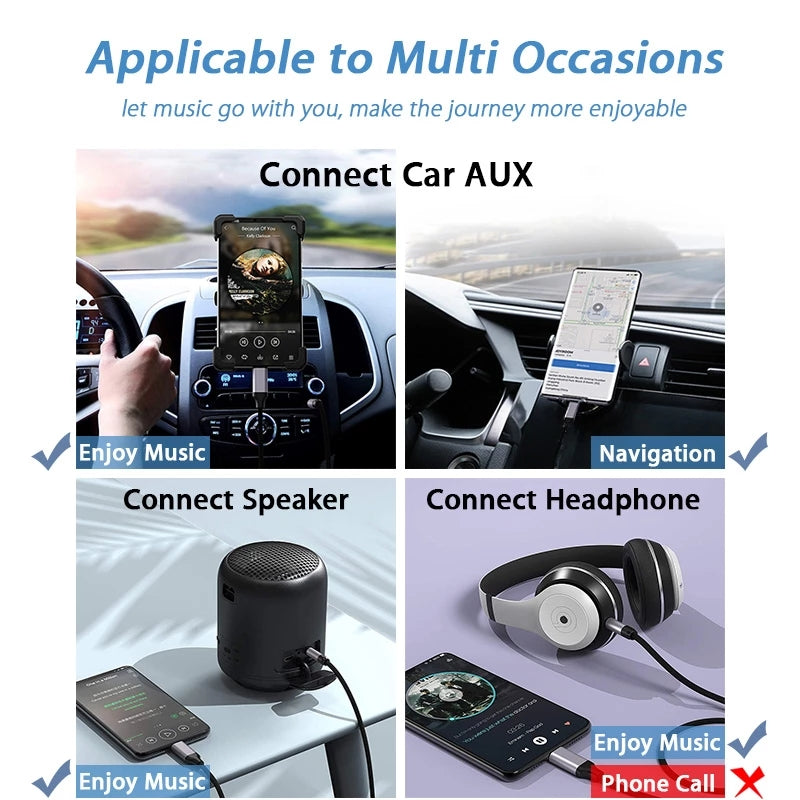 Product advertisement showing a car mount with connectivity options for music, navigation, speaker, and headphones.