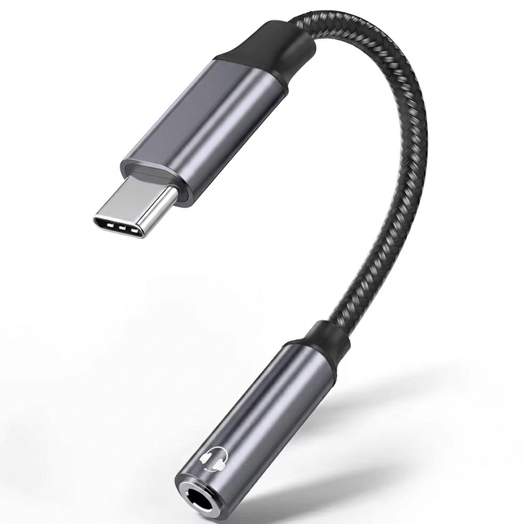 USB-C to 3.5mm audio adapter on a white background