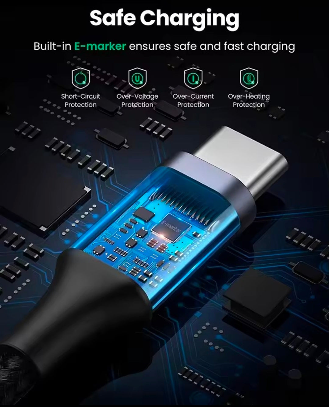 AXYON USB-C cable with E-marker chip providing safe charging with short-circuit, over-voltage, over-current and over-heating protection