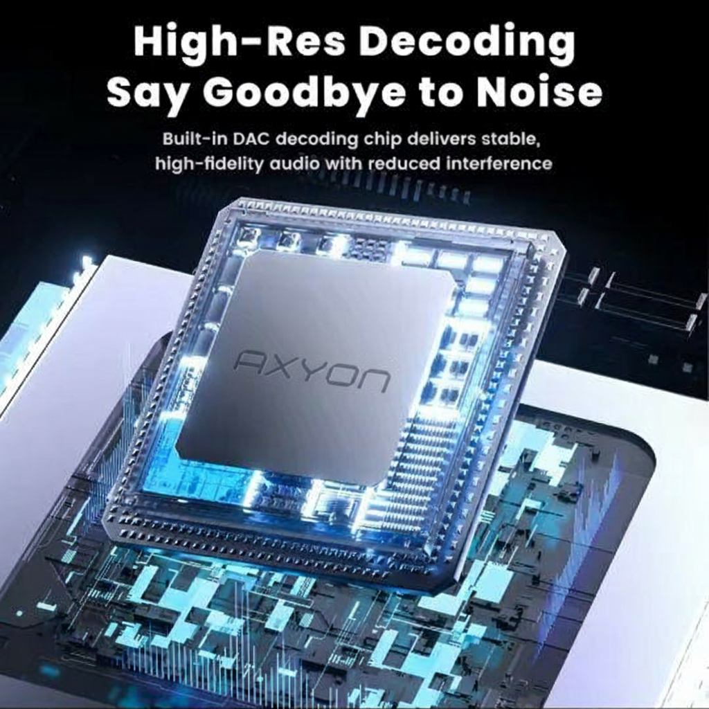 AXYON chip with text about high-res decoding and noise reduction on a dark background
