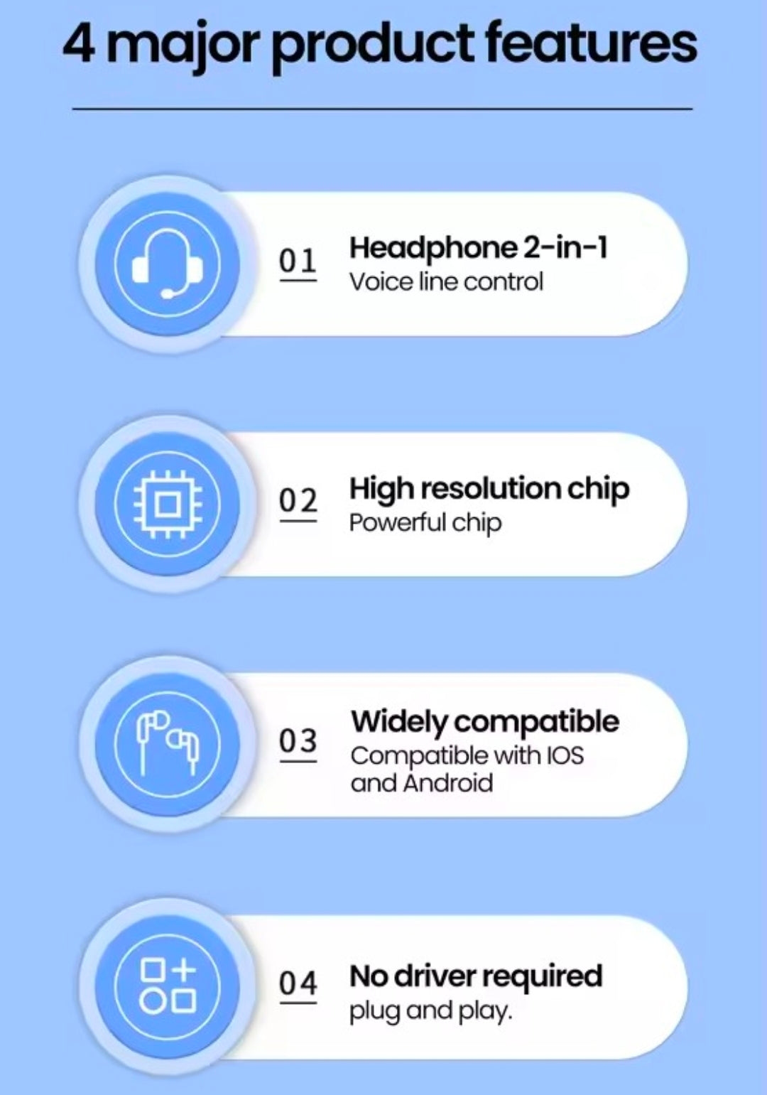 List of 4 major product features with icons and text on a blue background