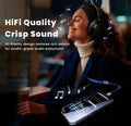 Woman wearing headphones with text about HiFi quality and crisp sound