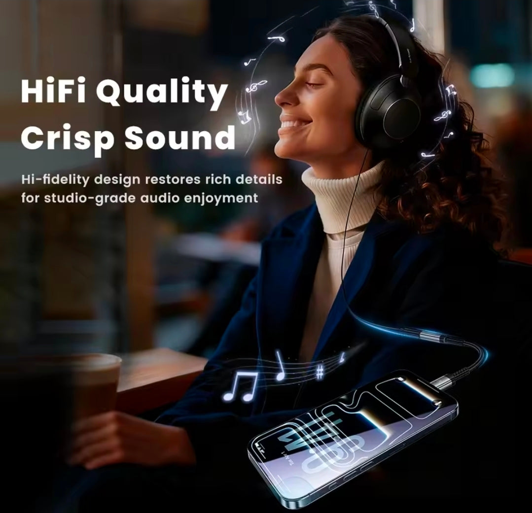 Woman wearing headphones with text about HiFi quality and crisp sound