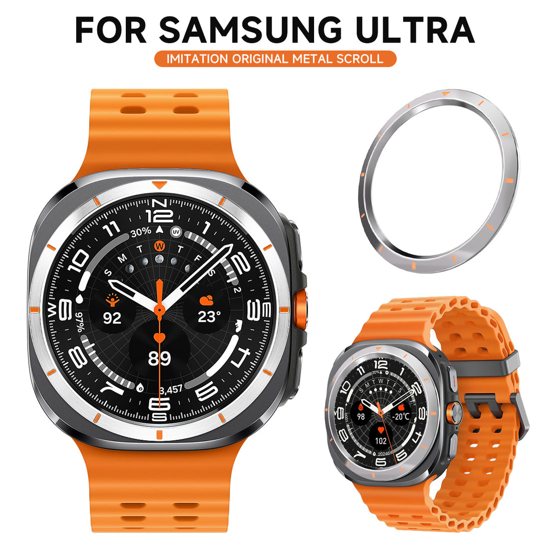 Smartwatch with a black ring case and color options displayed below.