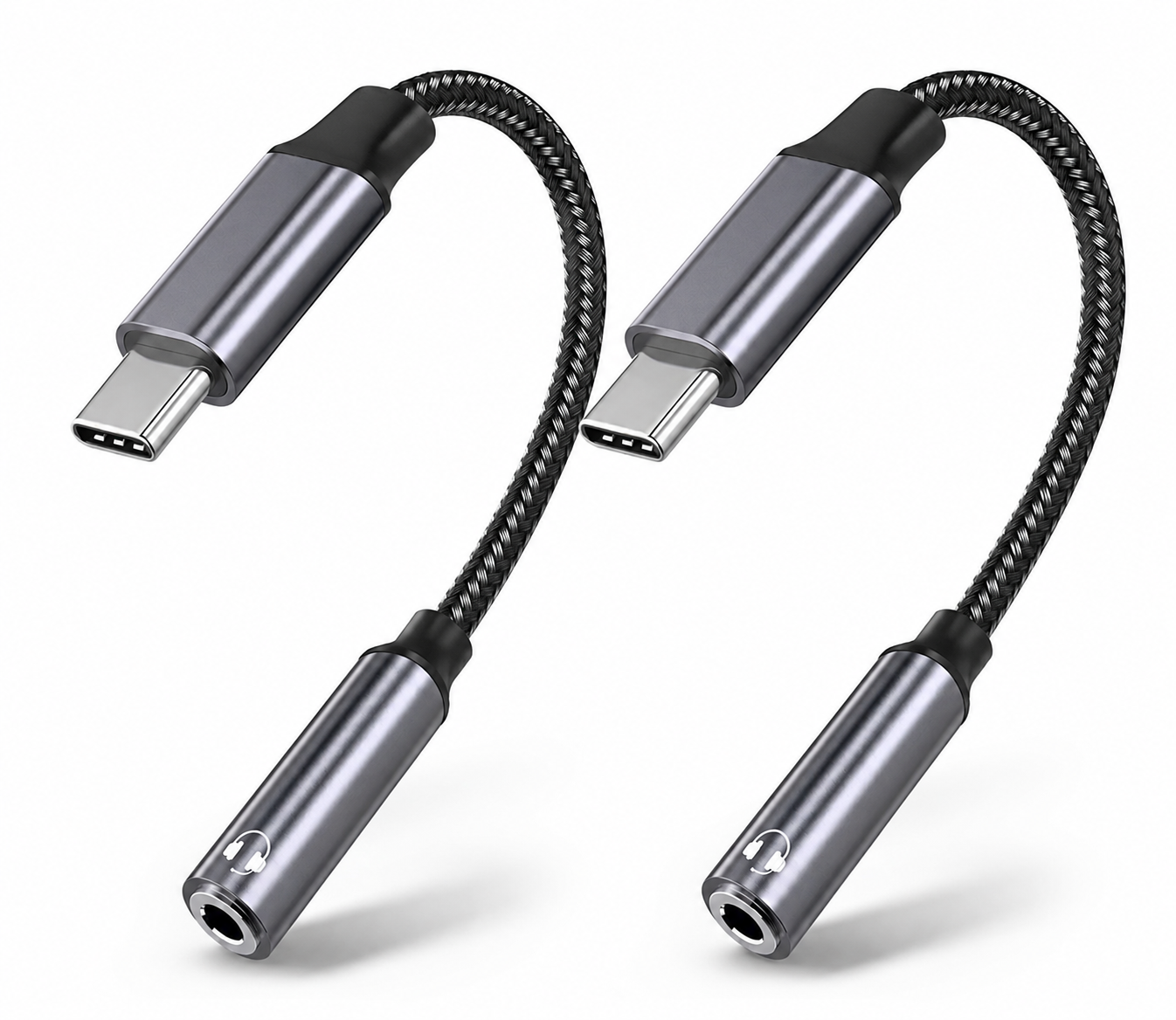 Two USB-C to 3.5mm audio adapter cables on a white background