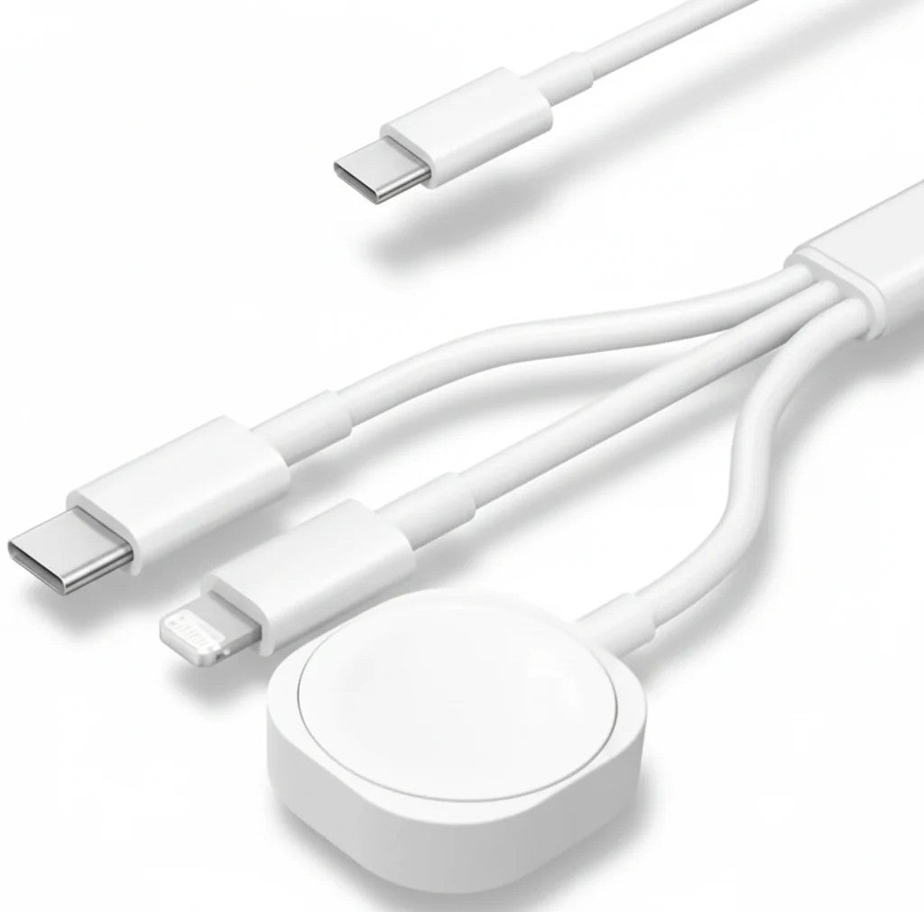 White multi-device charging cable with connectors on a white background