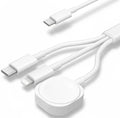 White multi-device charging cable with connectors on a white background