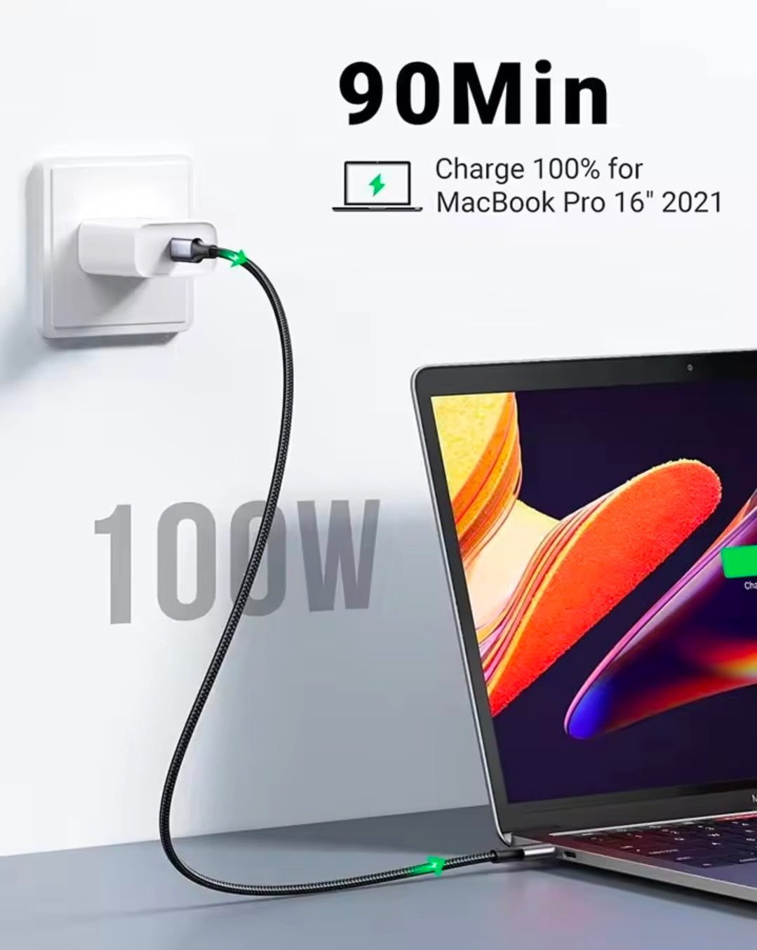 AXYON 100W USB-C cable charging MacBook Pro to 100% in 90 minutes demonstrating fast charging speed