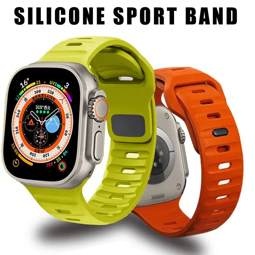 Two smartwatches with different colored bands on a white background