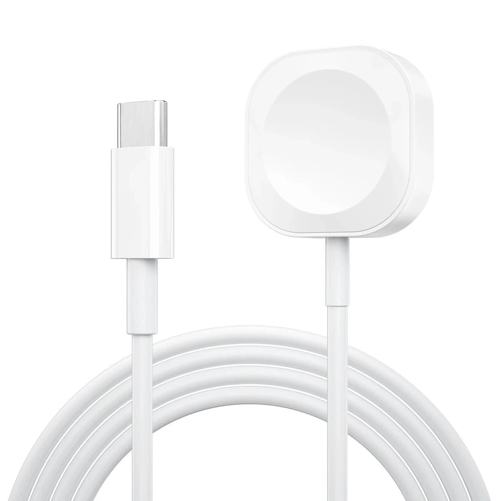 White USB-C cable with a square adapter on a white background