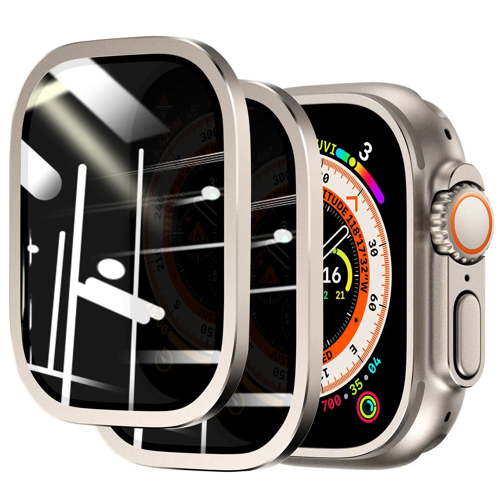 Smartwatch with a protective glass cover on a white background
