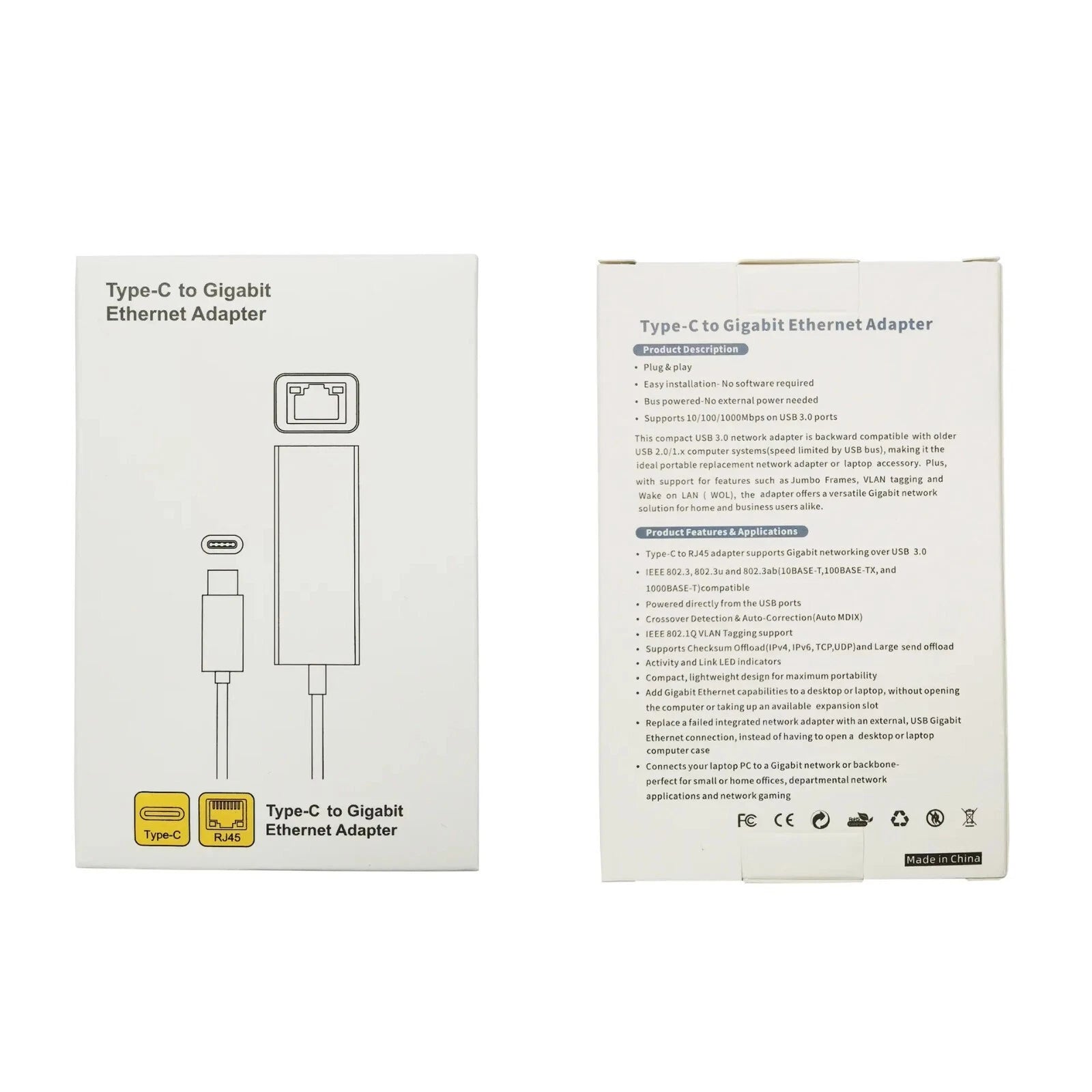 Box for Type-C to Gigabit Ethernet Adapter with specifications and features listed.