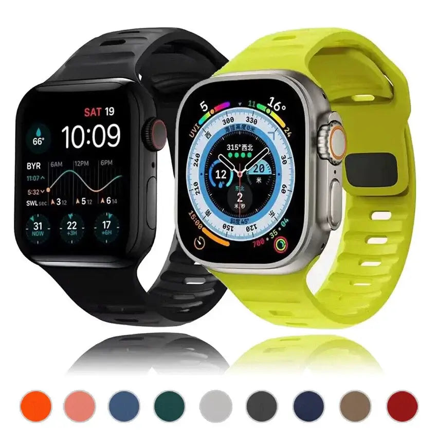 Two smartwatches with different colored bands on a white background