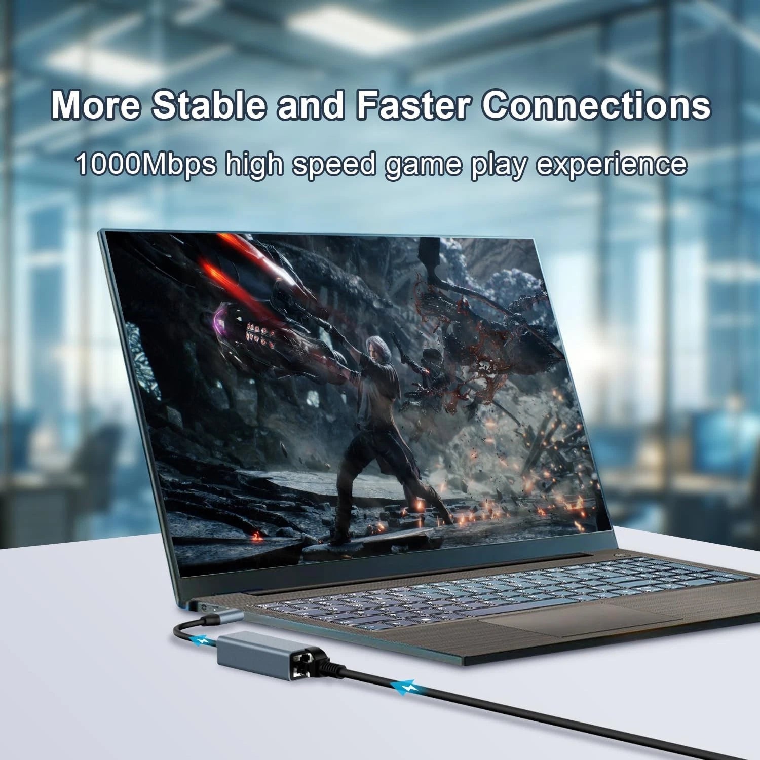 Laptop with gaming graphics and network adapter on a desk, with text about stable and faster connections.