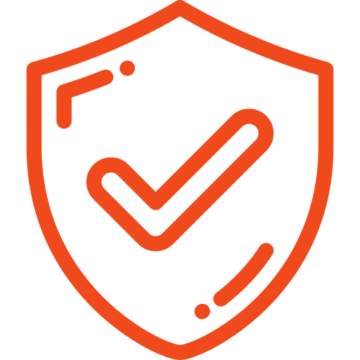 Red shield icon with a check mark on a white background