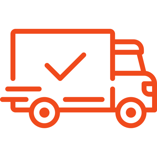 Orange outline of a delivery truck with a check mark on a white background