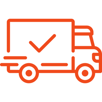 Orange outline of a delivery truck with a check mark on a white background